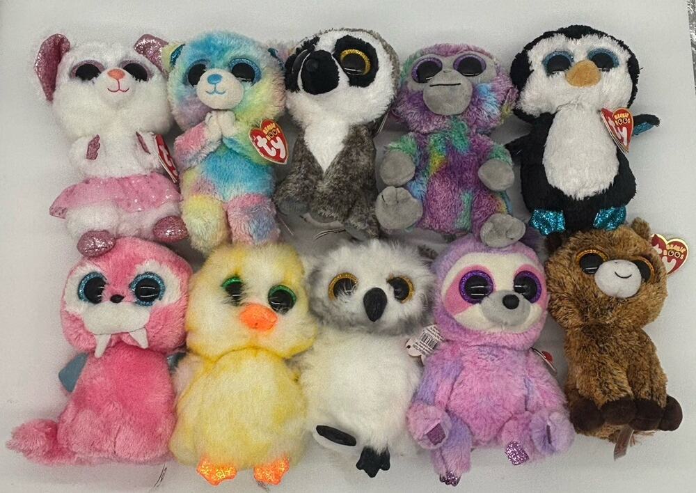 Ty Beanie Boos Plush Beanbag Stuffed Animal Lot of 10 Assorted Animals (Bin A)